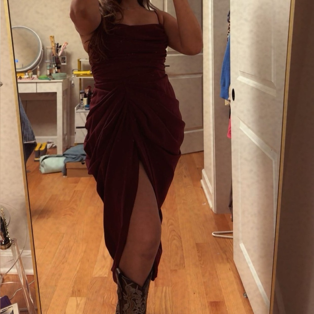 Ruched Strapless Burgundy Evening Dress